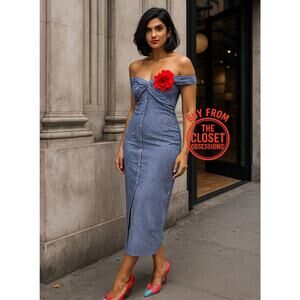 MANGO Off-Shoulder Striped Midi Dress 💙🤍 NWT